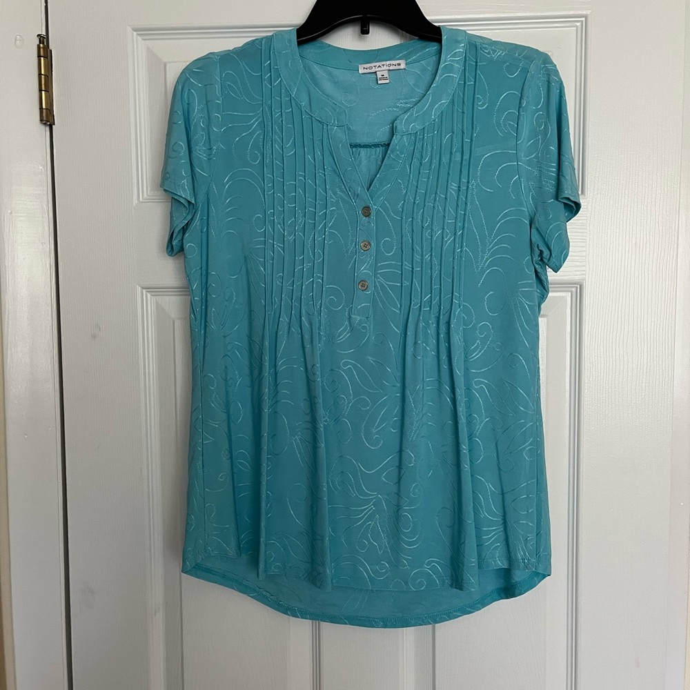 Notations Teal Pleated Mandarin Collar Blouse